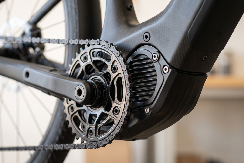 Close-up of a mid-drive e-bike motor and chainring on an electric bicycle for commuters in Cambridge, Ontario.
